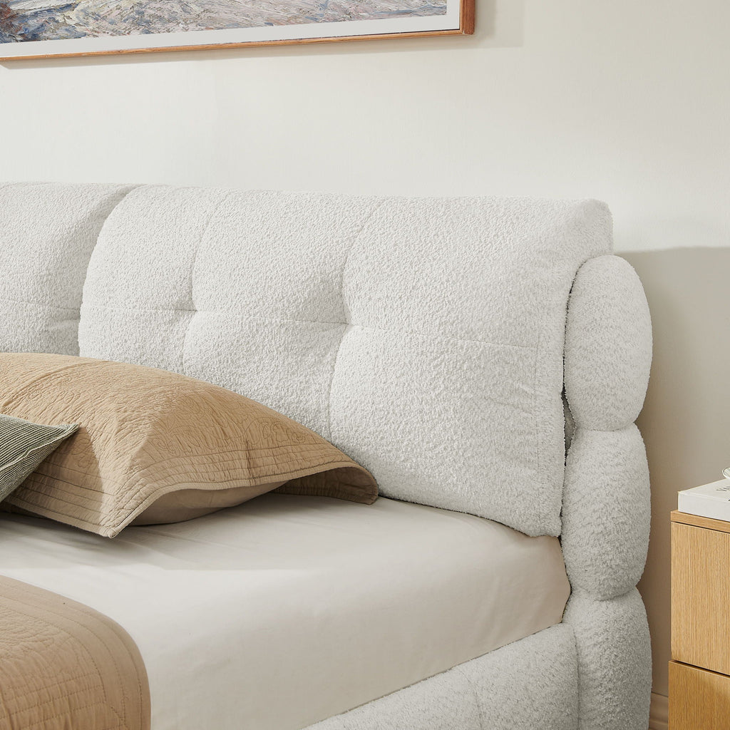 Platform Bed with Tufted Cloud Headboard and Solid Wood Legs - Beige