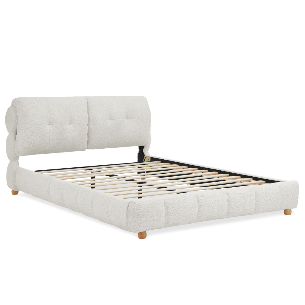 Platform Bed with Tufted Cloud Headboard and Solid Wood Legs - Beige