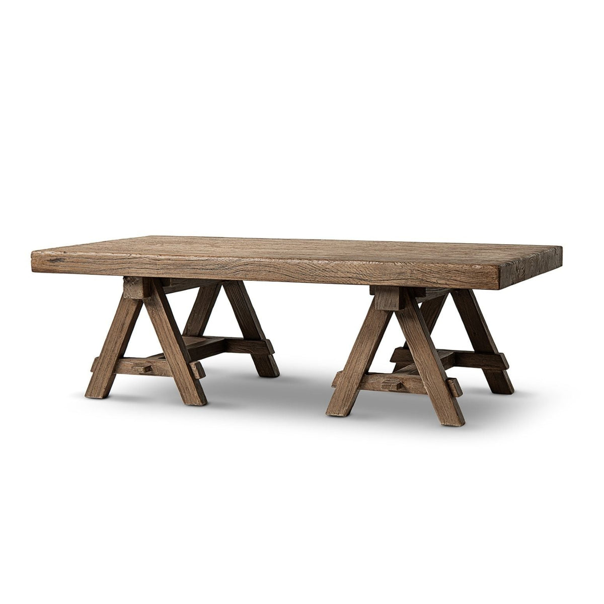 Trestle Coffee Table with Solid Reclaimed Elm Construction - Dark or Light Brown