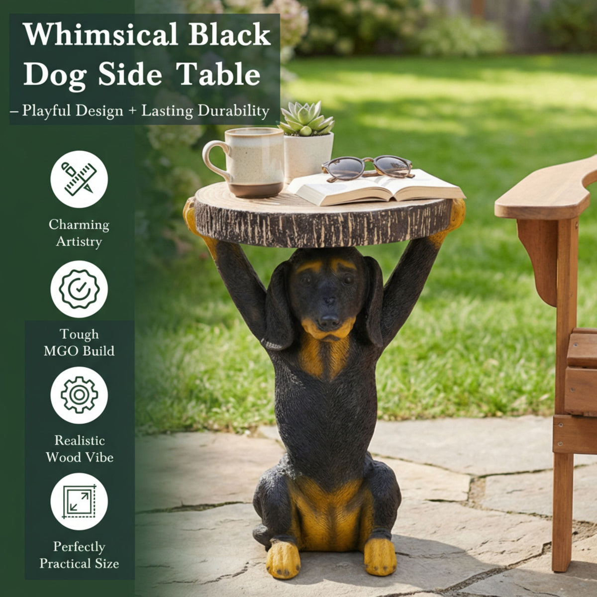 Whimsical Black Dog MGO Side Table with Weather-Resistant Finish - Black