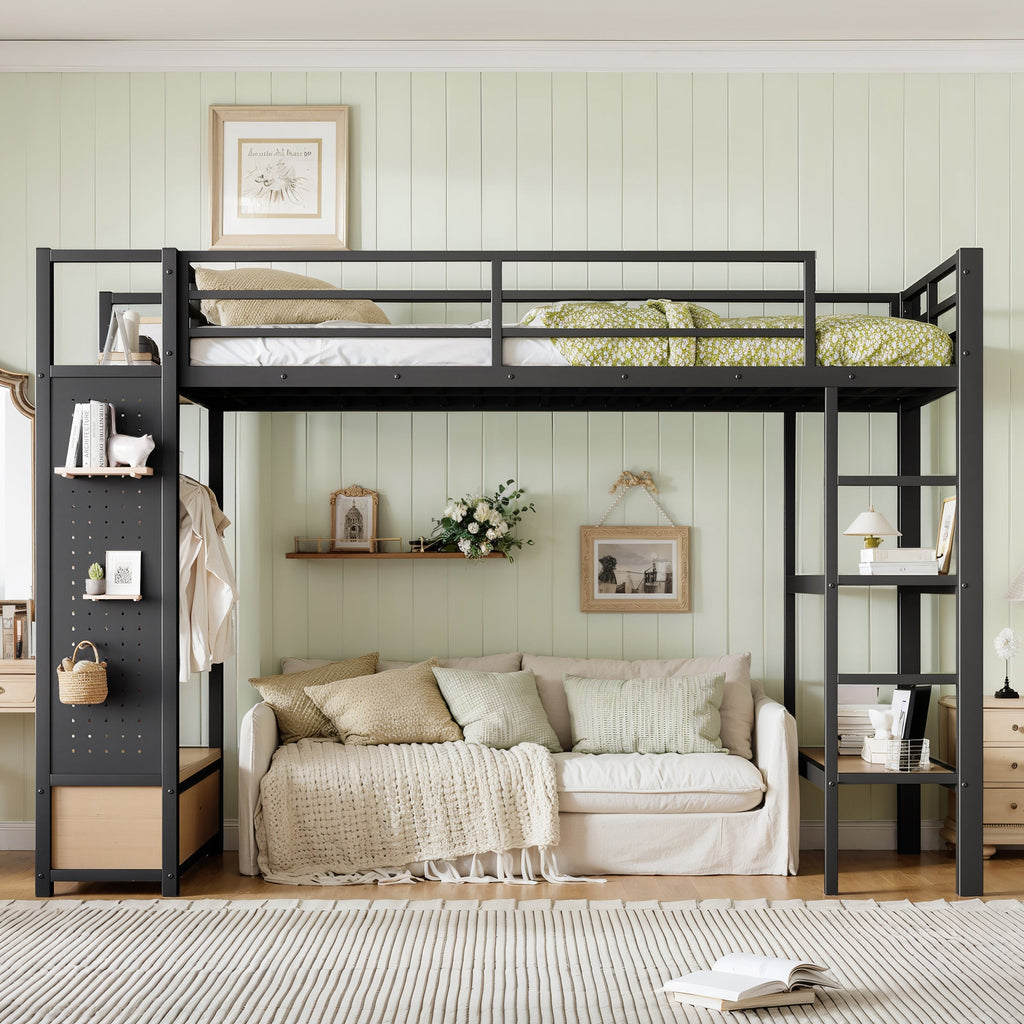 Twin XL Loft Bed Frame with Wardrobe and Shelves - Black