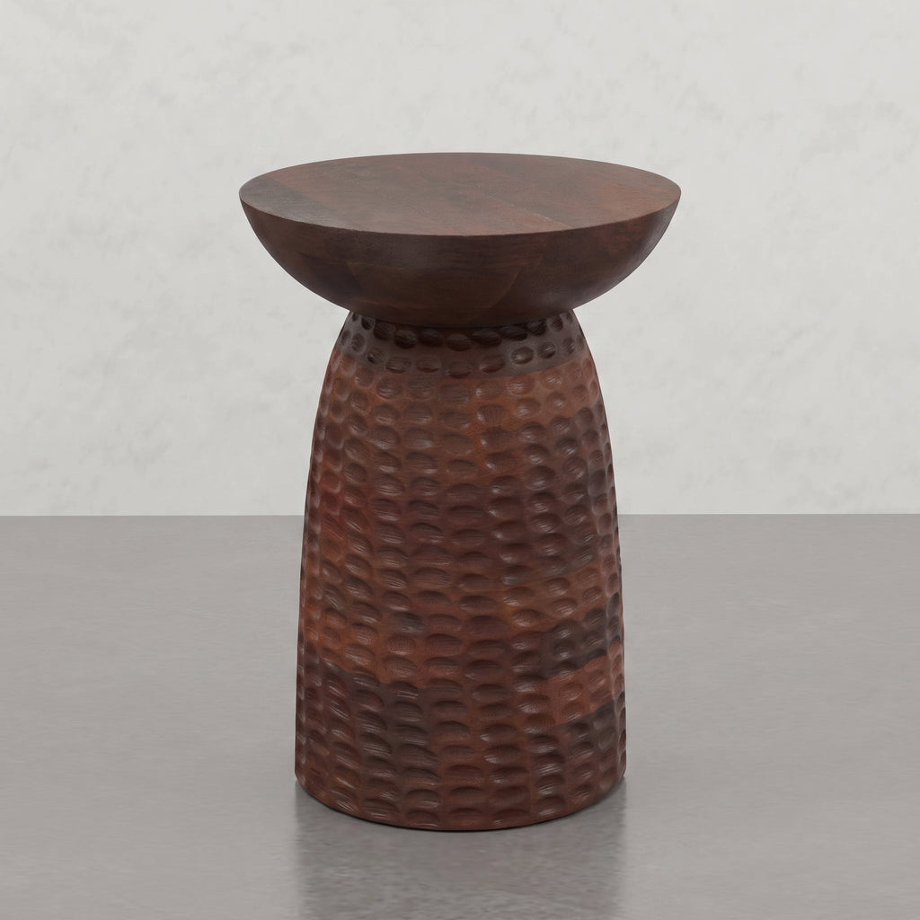 Round Pedestal Accent Table with Dimple Detail - Dark Brown