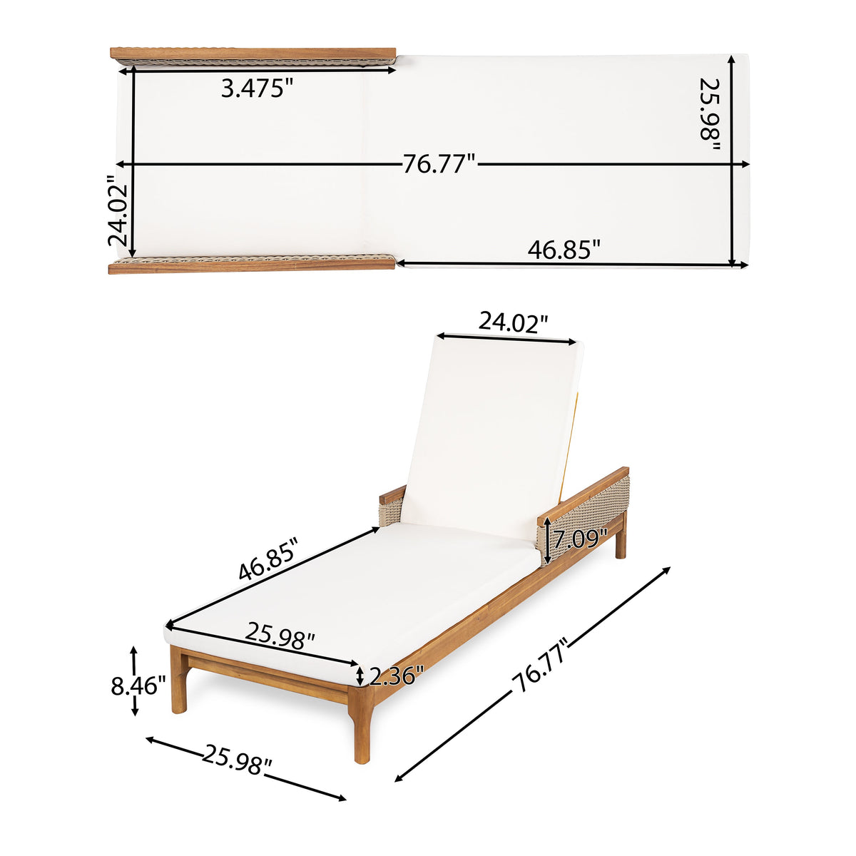 Solid Acacia Wood Sun Lounger Set of 2 with Cushions - Beige & Light Grey