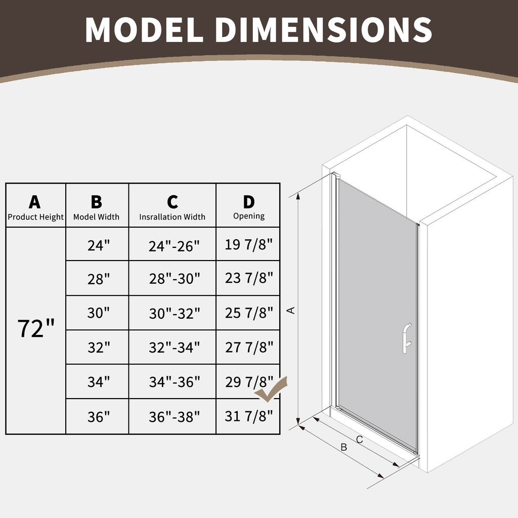 34 to 36 Inch Semi-Frameless Pivot Shower Door with Adjustable Reversible Design - Silver