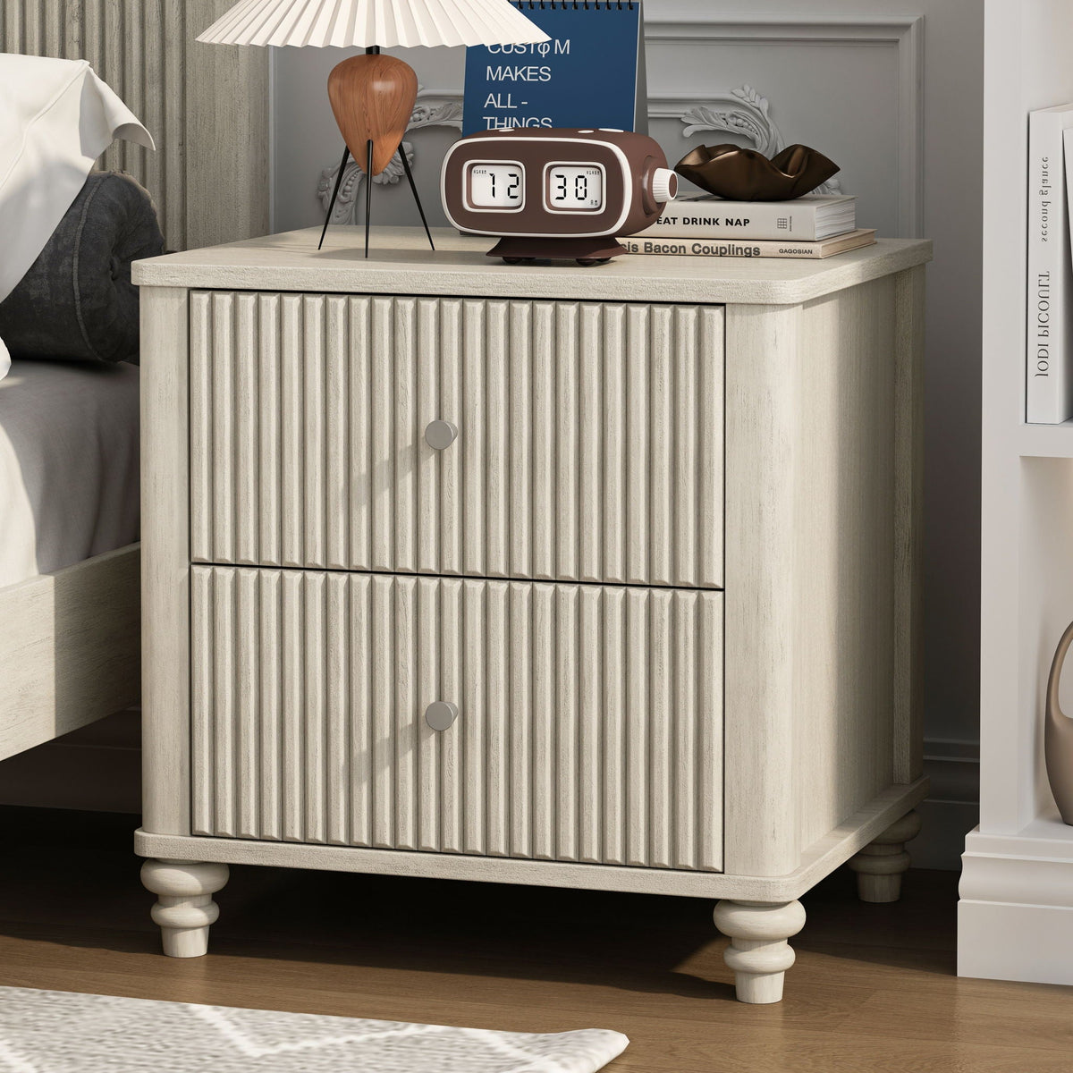 Fluted Nightstand with 3 Drawers - Set of 2 - Dark Brown or Beige