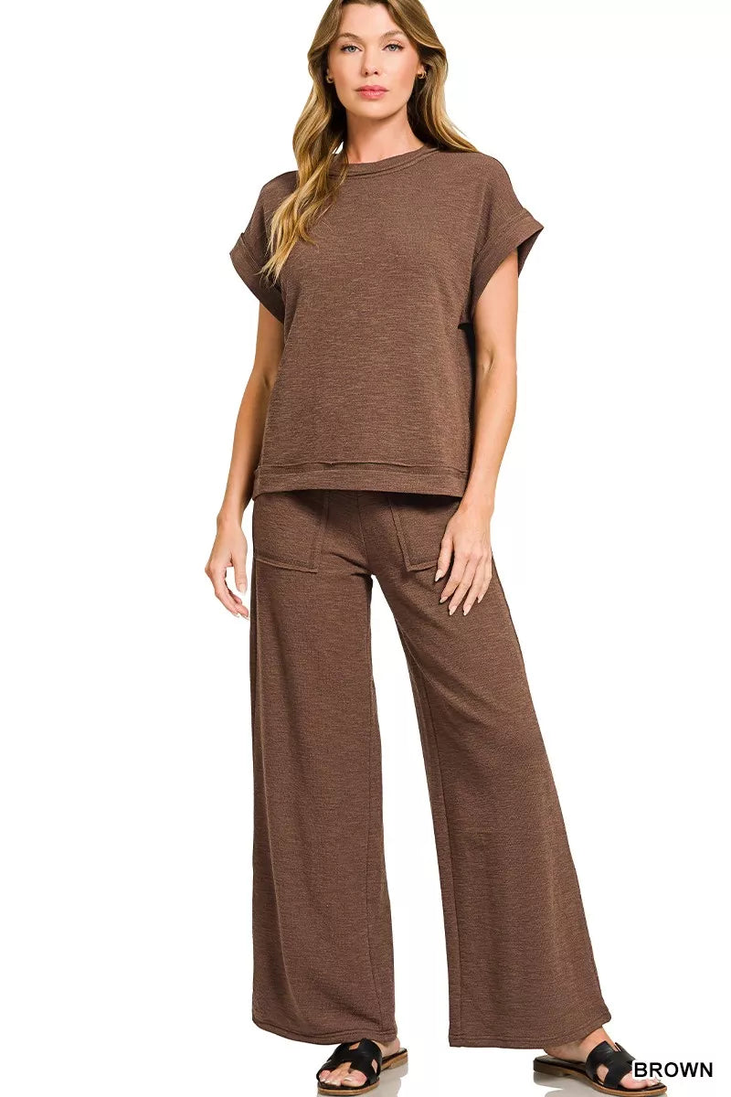 Zenana Cotton Slub Short Sleeve Tee and Pants Set