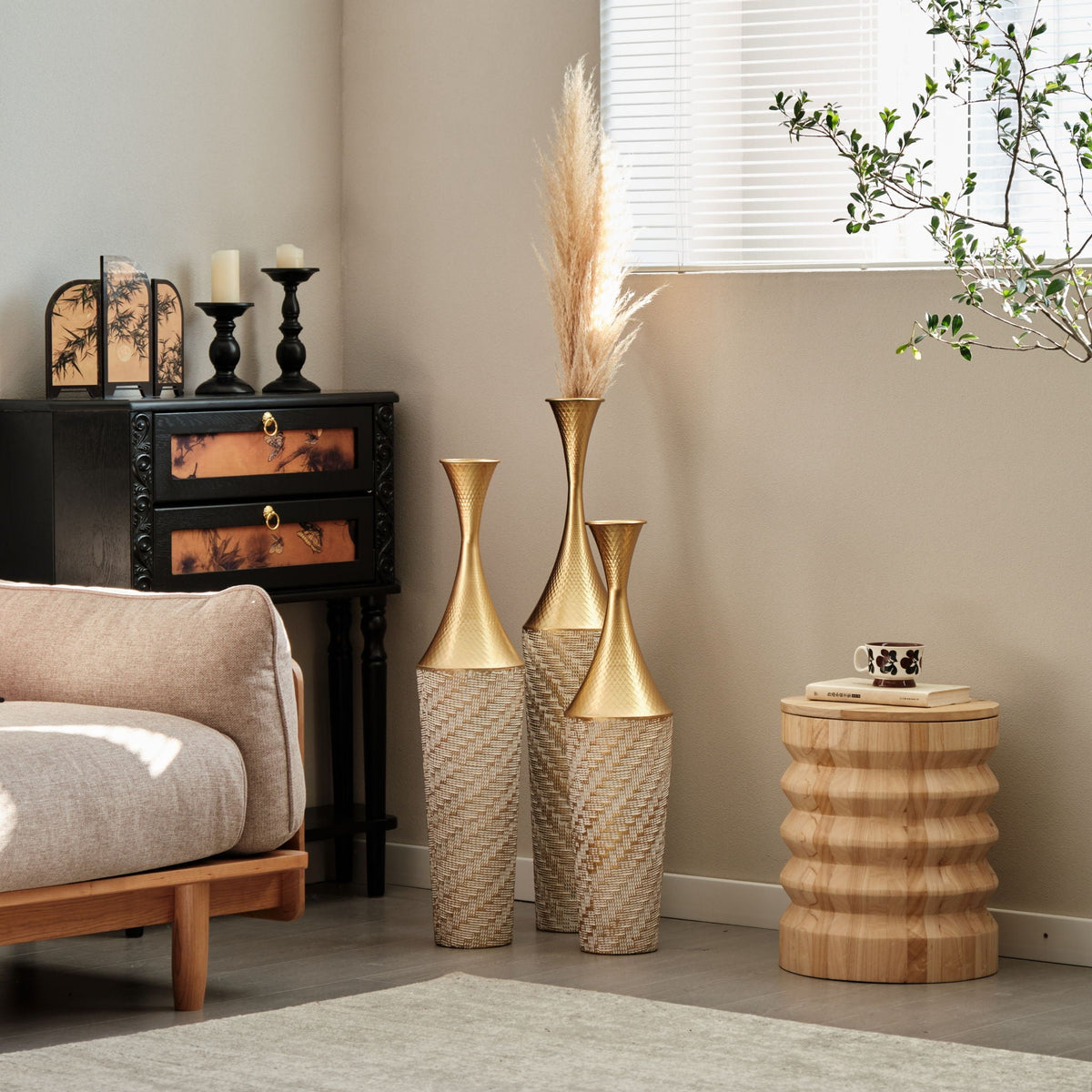 Champagne Floor Metal Vase 3-Piece Set with Woven Pattern - Modern Style