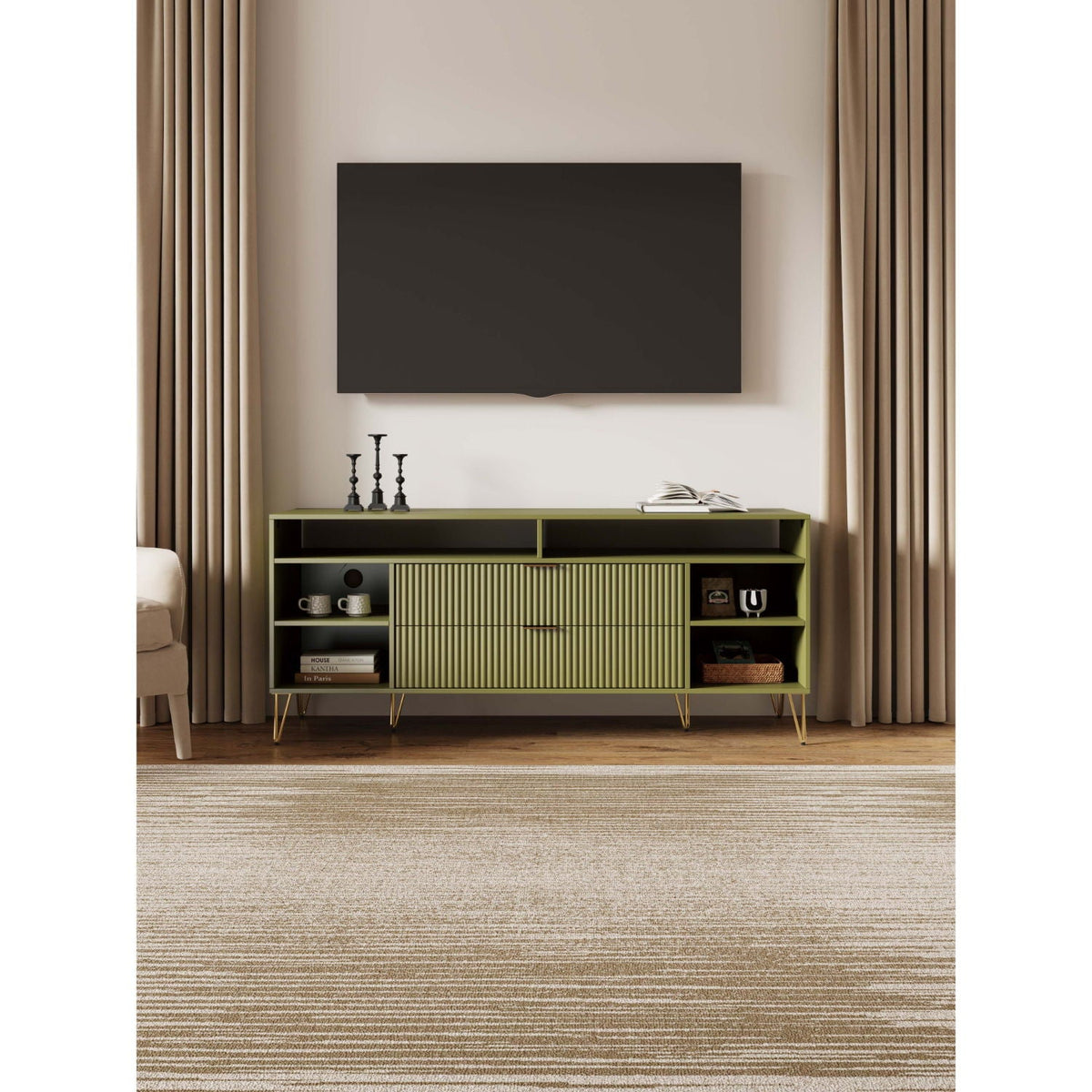 Fluted TV Stand with Storage and Metal Legs - Multiple Colors