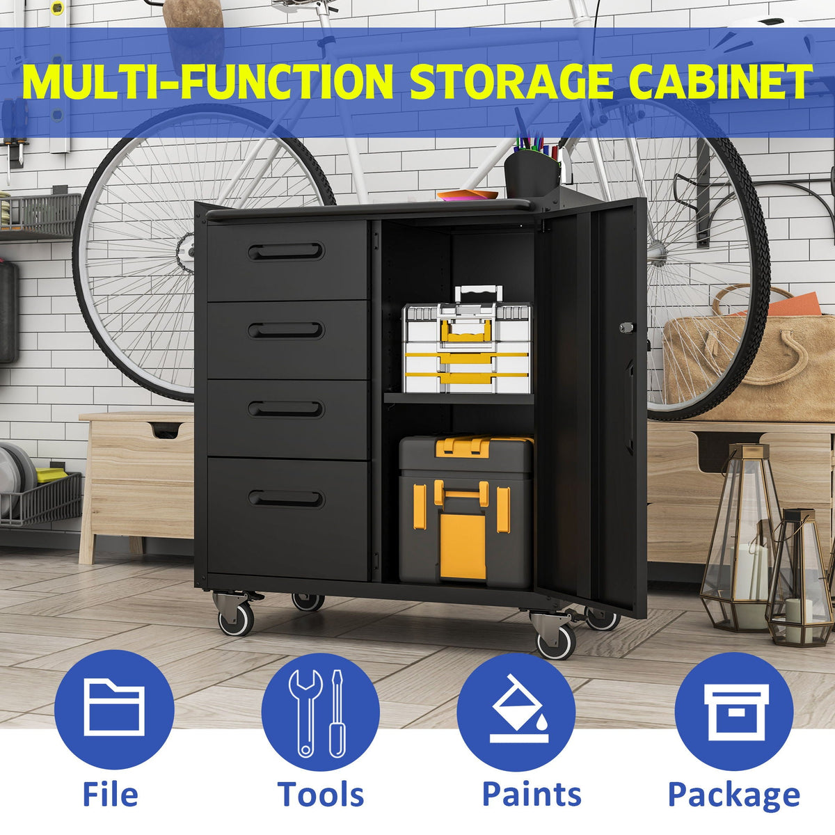 Sturdy Metal Tool Storage Cabinet with Lockable Wheels and Drawers - Gray or Black