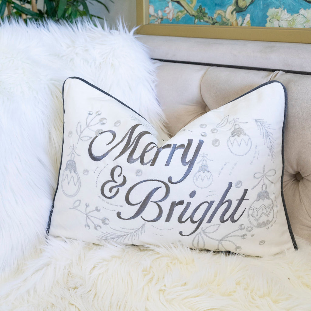 Merry & Bright Christmas Throw Pillow with Silver Embroidery - White+Silver