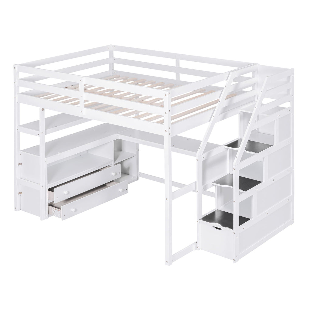 Loft Bed with Desk and Storage Staircase - Full or Twin, White or Gray