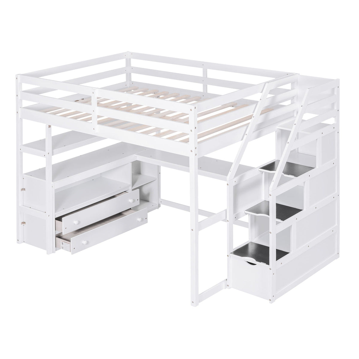 Loft Bed with Desk and Storage Staircase - Full or Twin, White or Gray
