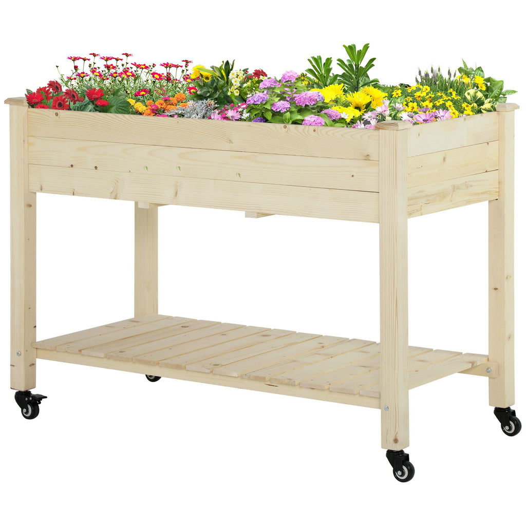 Raised Wooden Planter Box with Lockable Wheels - Natural