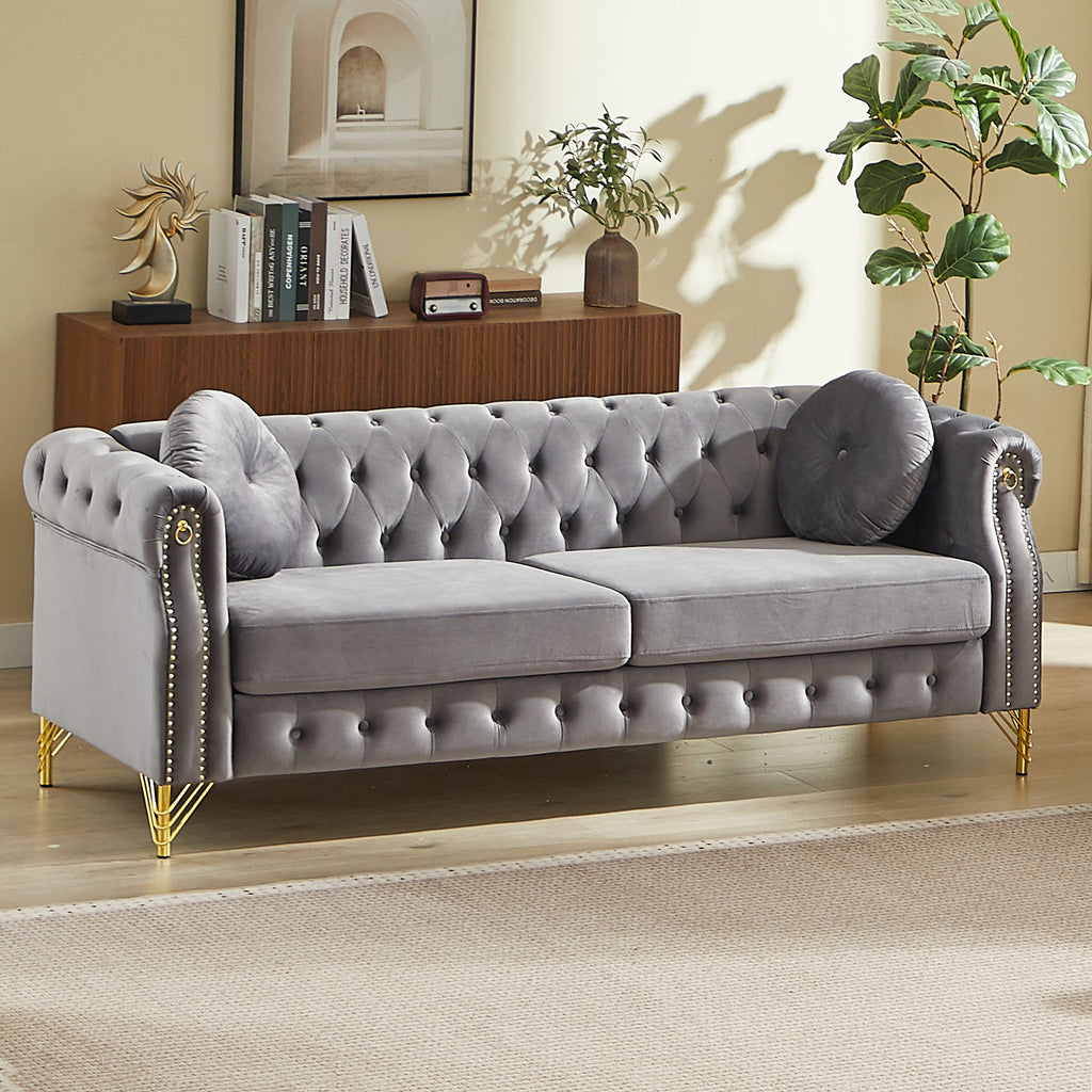 82-Inch Velvet Chesterfield Sofa with Gold Accents - Velvet