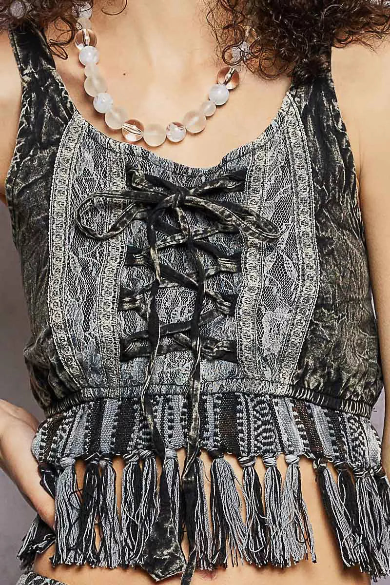 POL Lace-Up Fringe Hem Tank with Lace Detail