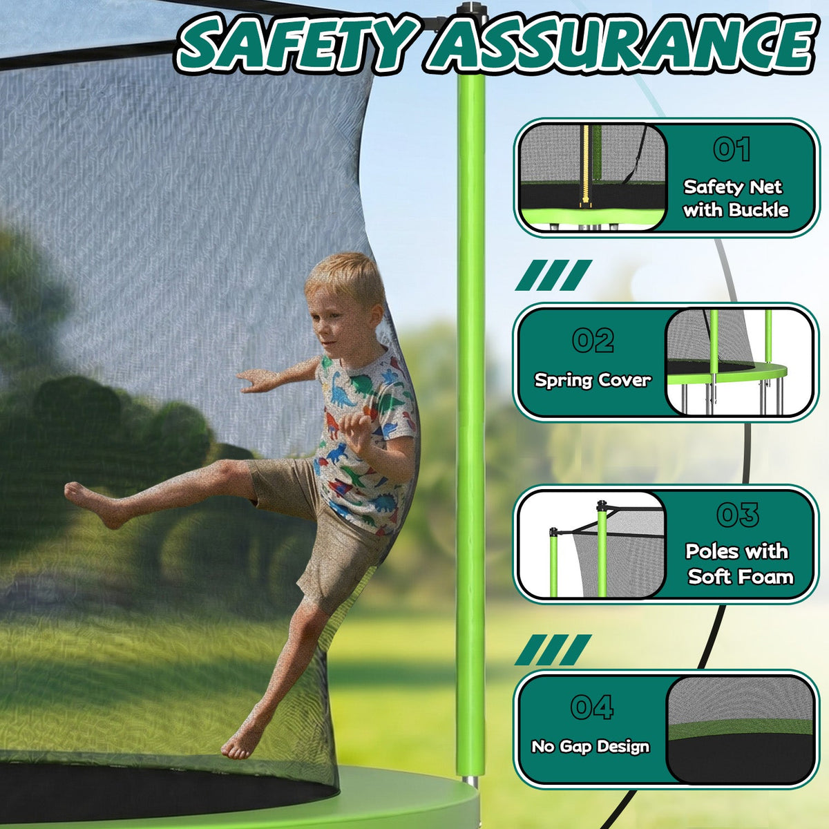 14FT Sports Fitness Trampoline with Safety Enclosure Net - Green