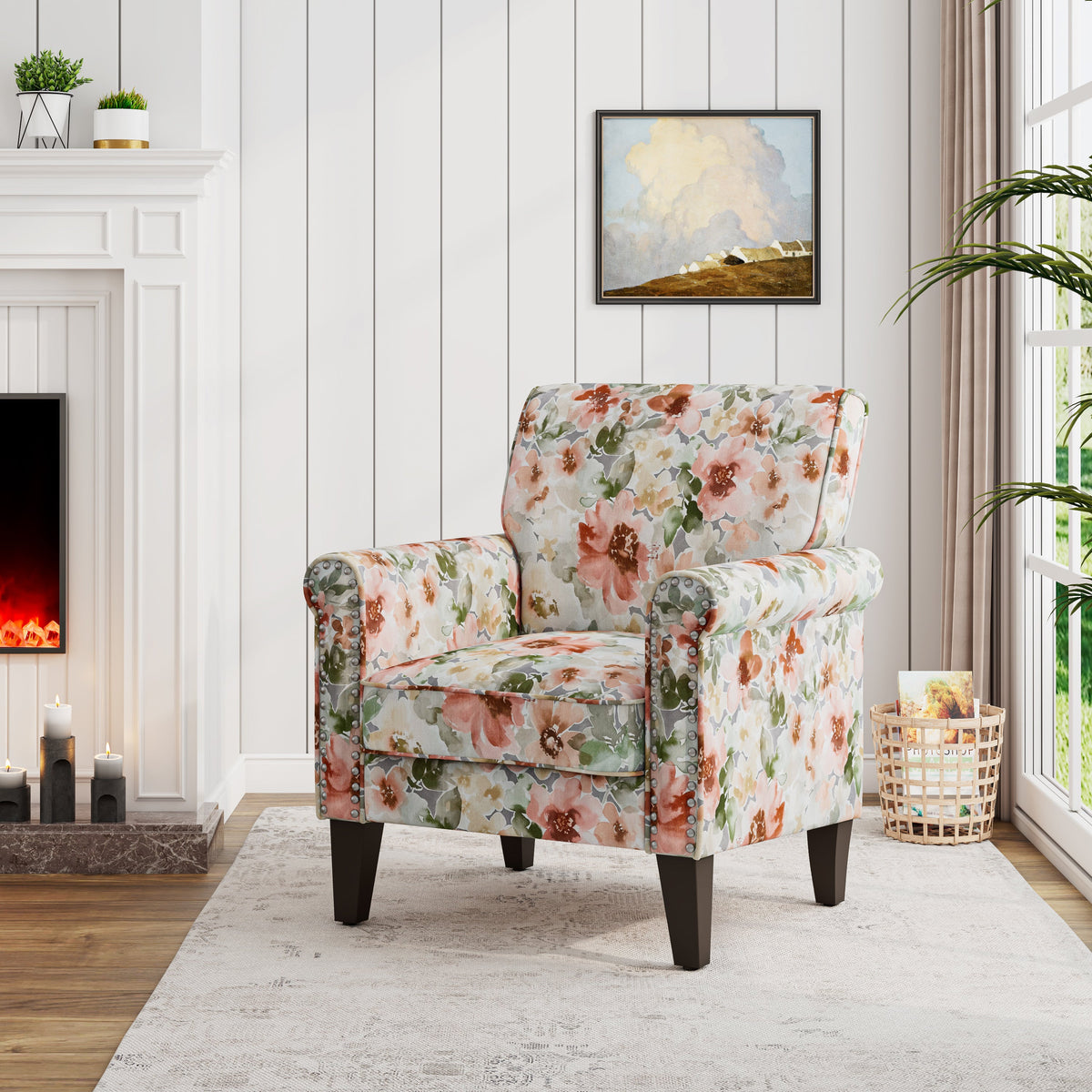 Floral Upholstery Accent Chair with Nailhead Trim - Green or Blue
