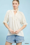 Umgee Linen Scalloped Ruffle Neck Blouse