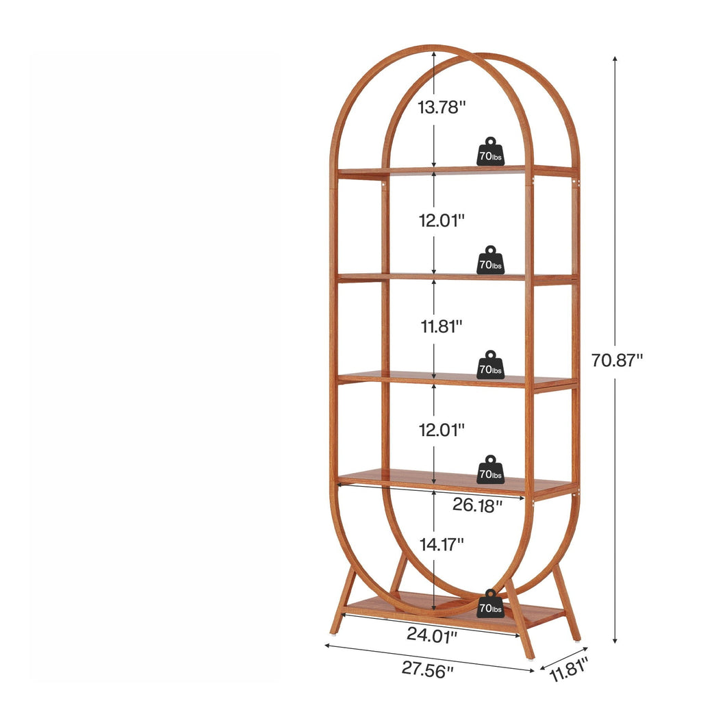Arched 5 Tier Open Bookshelf with Modern Arch - Brown