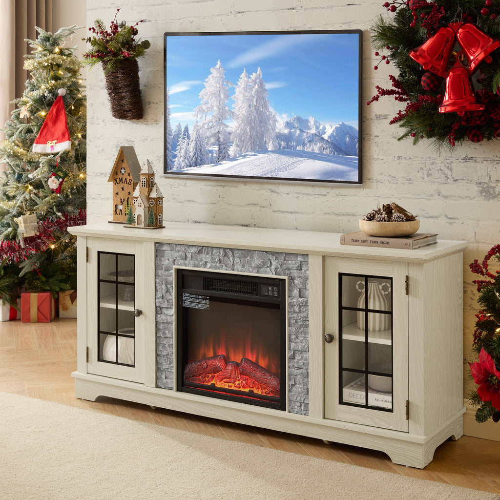 58" Modern TV Stand with Electric Fireplace and Storage - White
