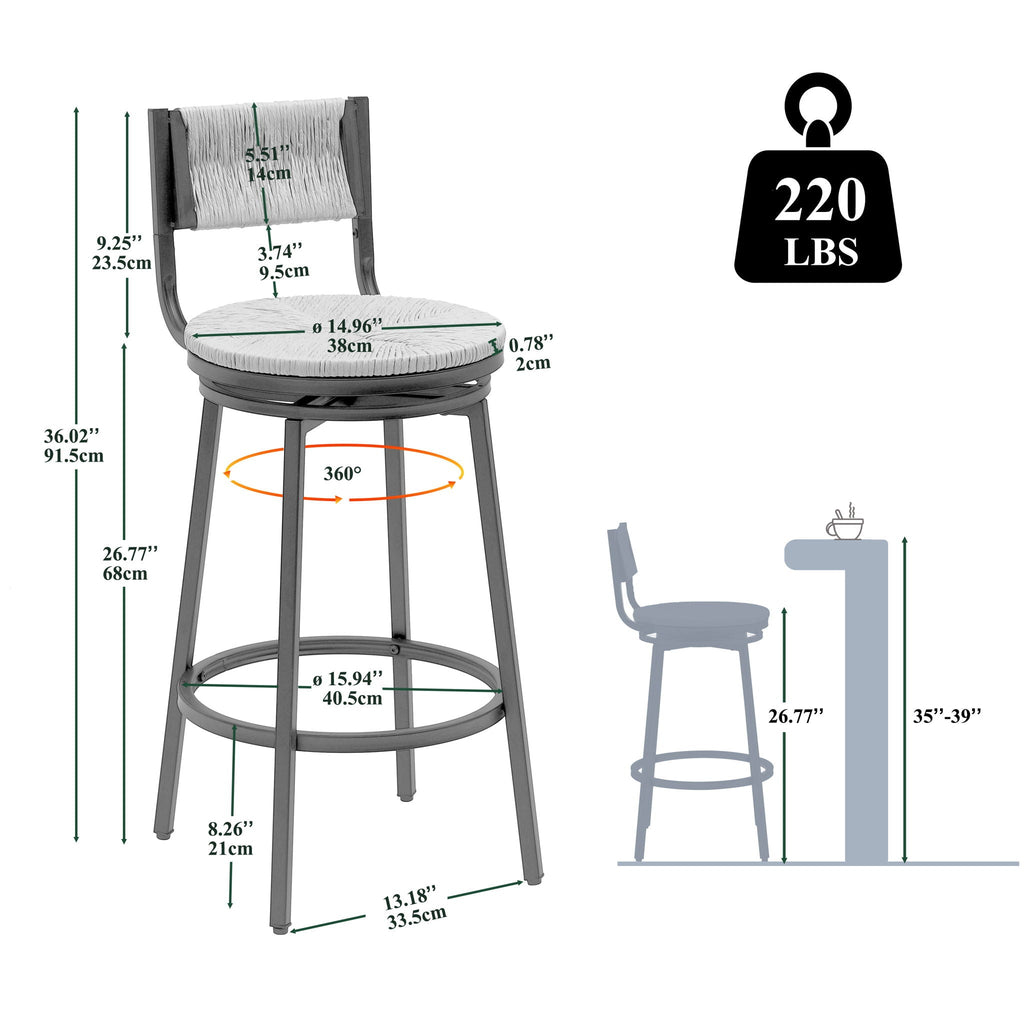 Swivel Counter Bar Stools with Full Back - Hand Woven Paper Rope, Set of 2