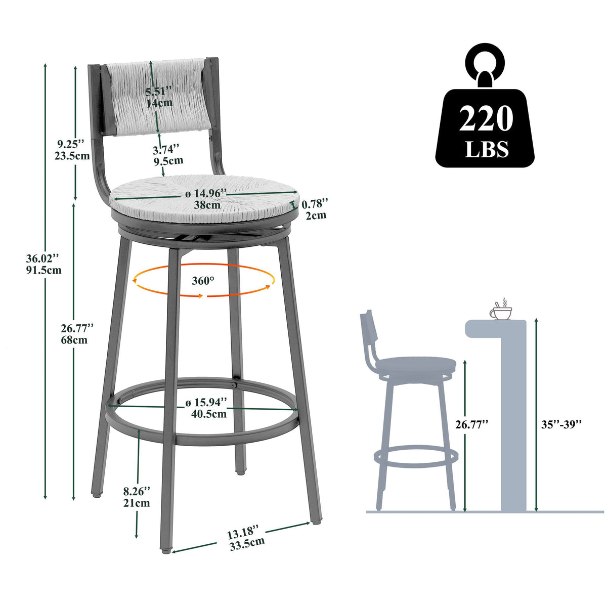 Swivel Counter Bar Stools with Full Back - Hand Woven Paper Rope, Set of 2