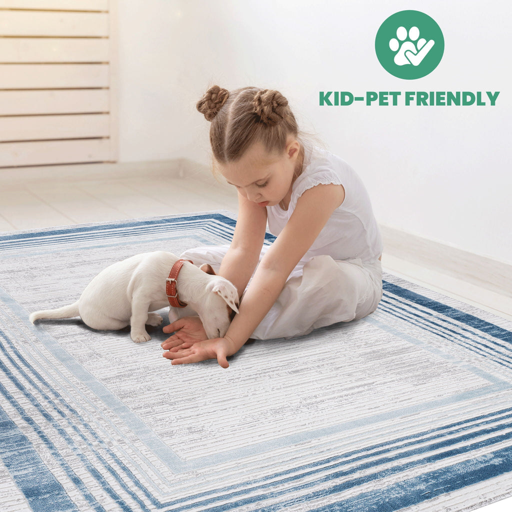 Bordered Area Rug with Stain Resistance - Blue or Light Brown