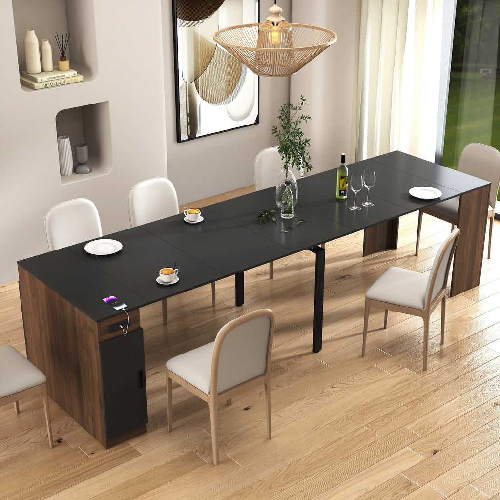 Modern Multifunctional Extendable Dining Table with Outlet - Walnut+Black or White