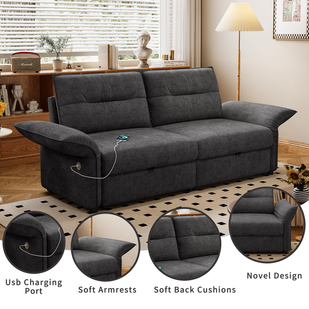 Grey Multifunctional Sofa Bed with Convertible 85-Inch Design - Plush Fabric