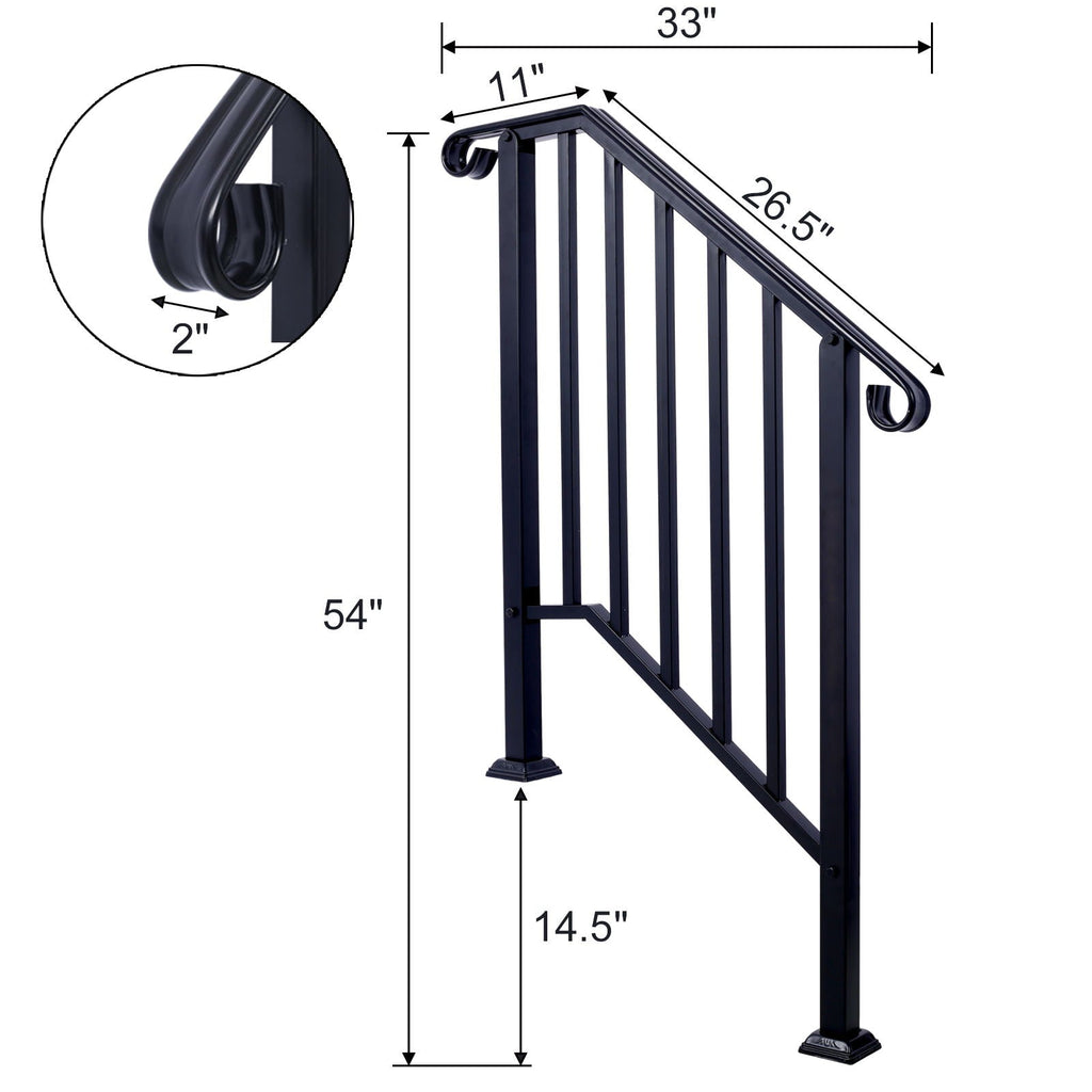 Wrought Iron Outdoor Handrail for 2 or 3 Steps with Rustproof Finish - Black