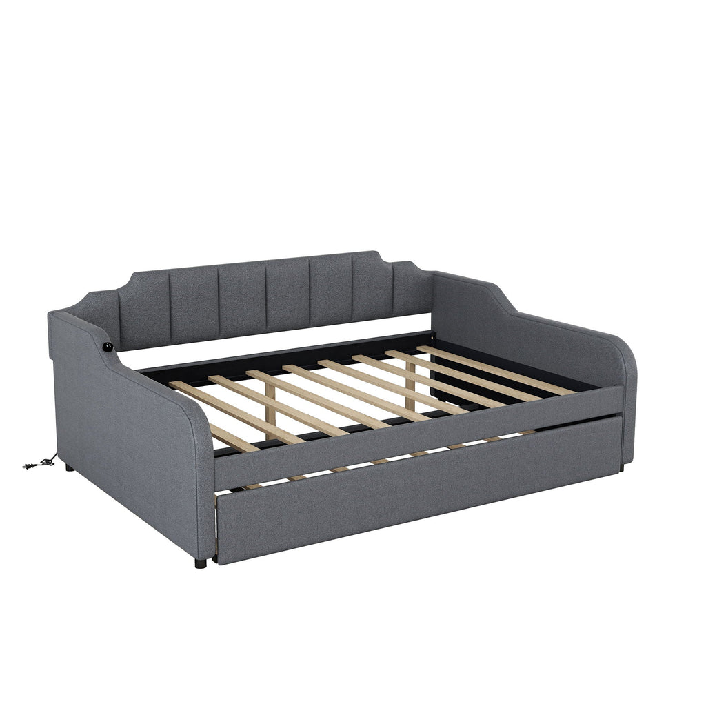 Full Size Upholstered Daybed With Trundle And USB Charging - Gray