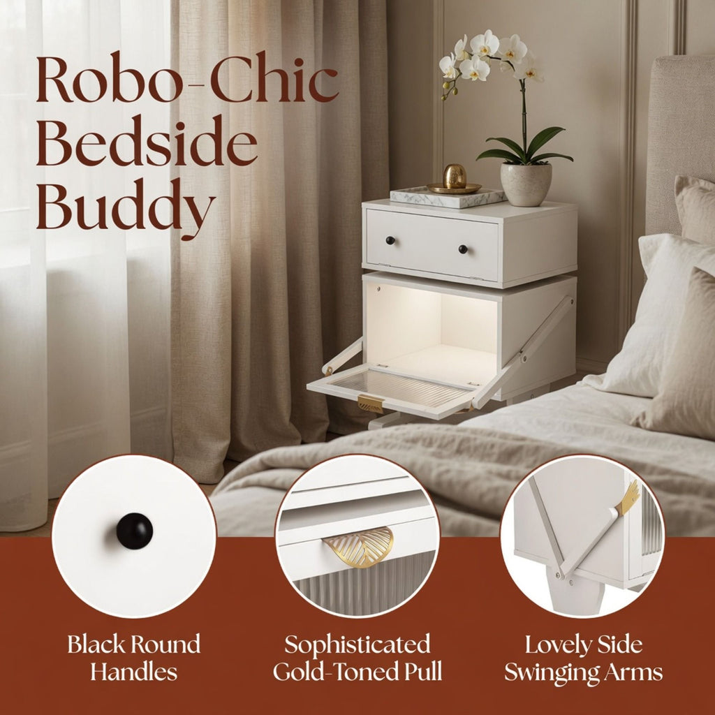 Robot LED Nightstand with 360° Rotating Drawer - White, Pink, or Green