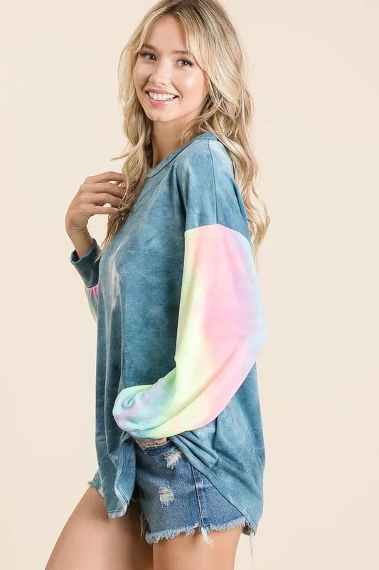BiBi Tie Dye French Terry Top With Contrast Tie Dye