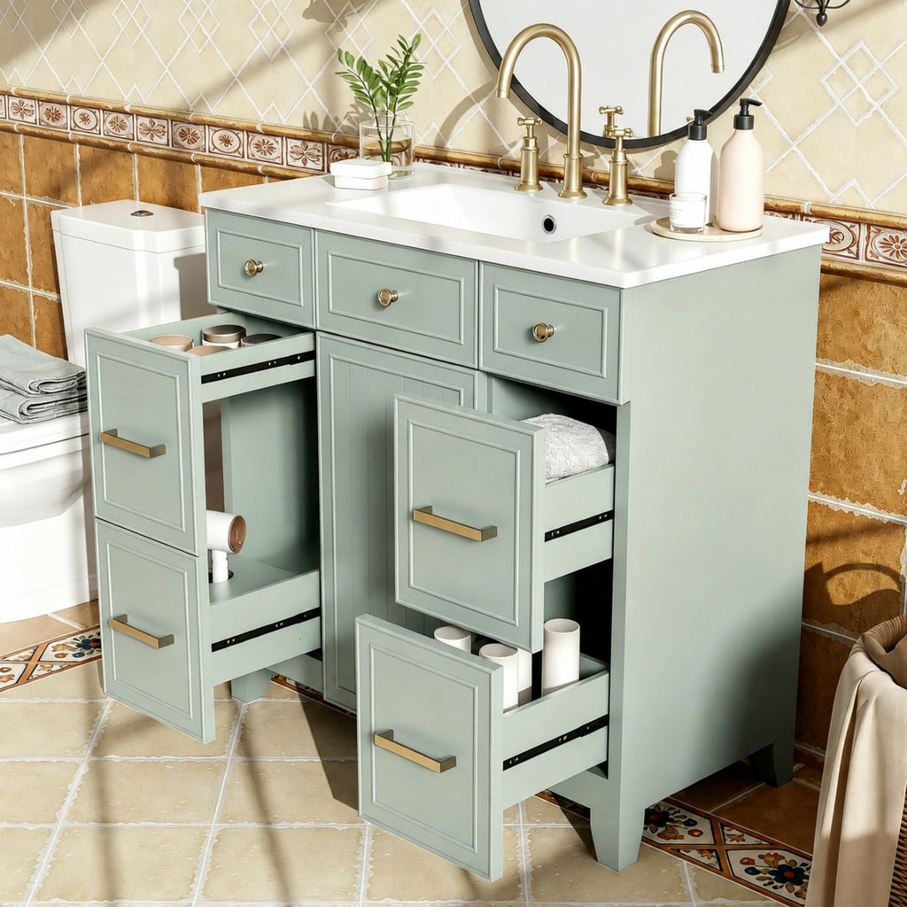 36" Green Bathroom Vanity with Ceramic Sink - Solid Wood Frame