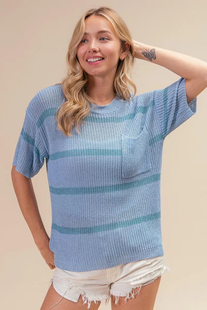 BiBi Patch Pocket Striped Lightweight Sweater Top