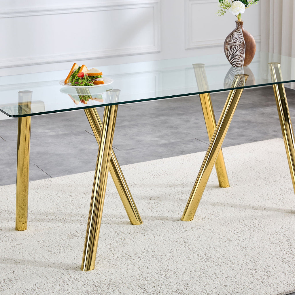 Dining Table with Transparent Tempered Glass Surface – Pearl Silver or Gold