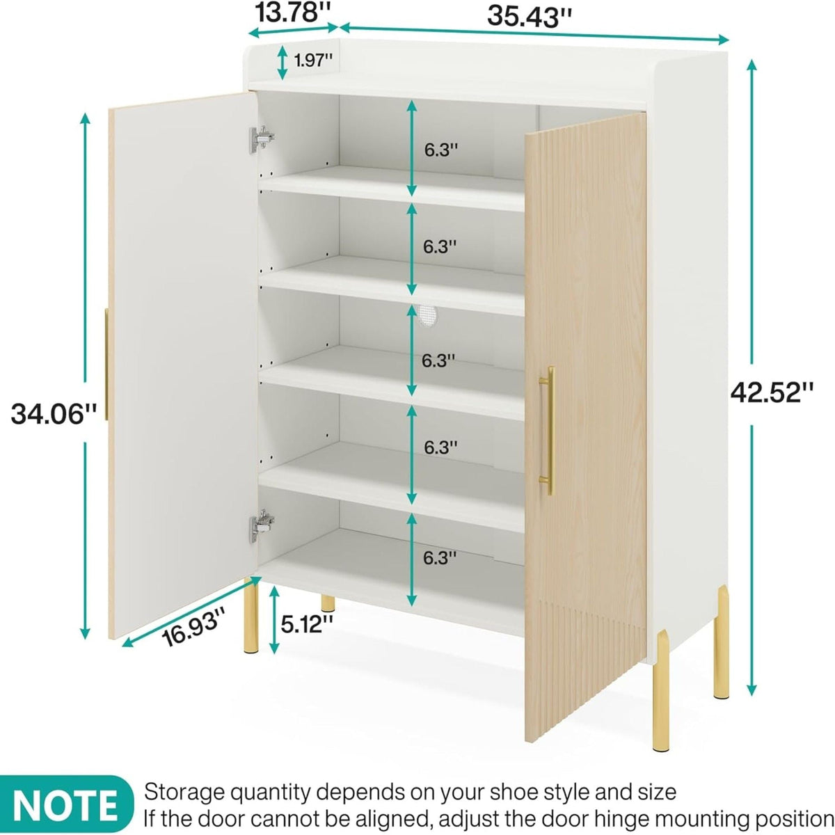 6 Tier Entryway Shoe Cabinet with Doors - Wood & Metal - Light Brown or White