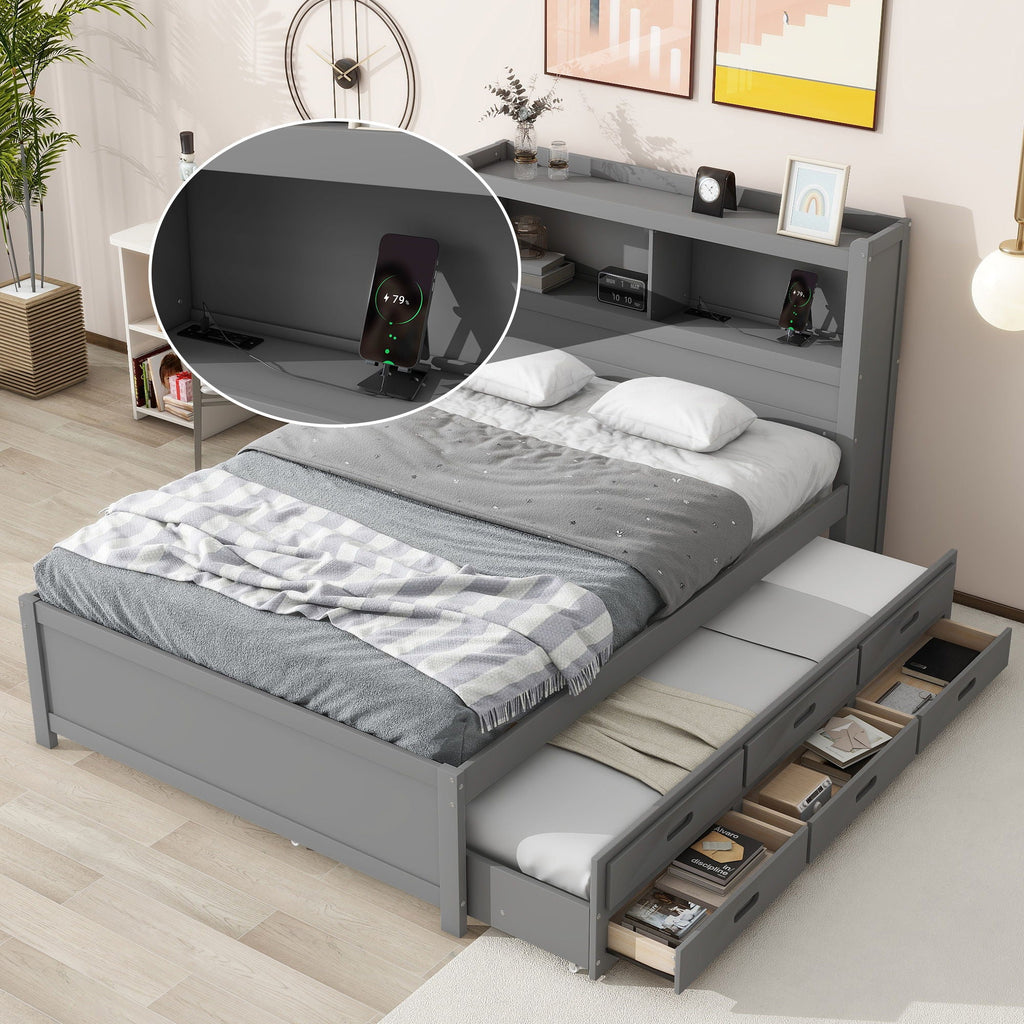 Full Size Platform Trundle Bed with Drawers and USB Ports - Gray