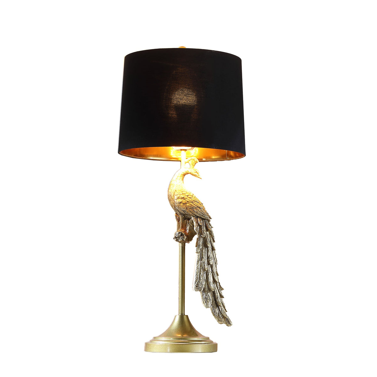 Modern Elegance Golden Peacock Table Lamp with Semi Drum Shade - Gold