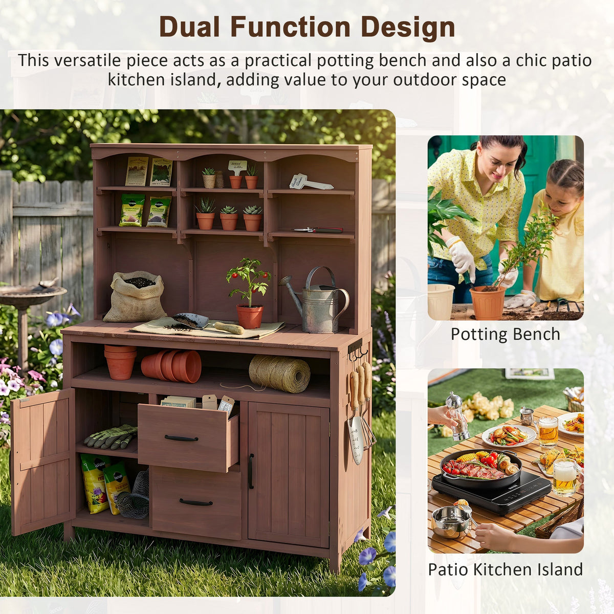 Large Fir Wood Potting Bench with Hutch and Storage - Brown