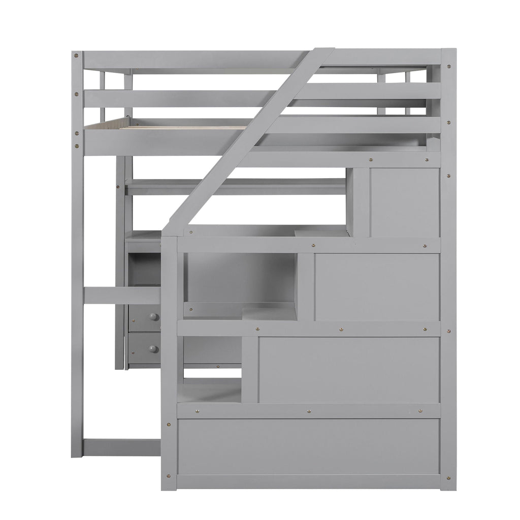 Loft Bed with Desk and Storage Staircase - Full or Twin, White or Gray