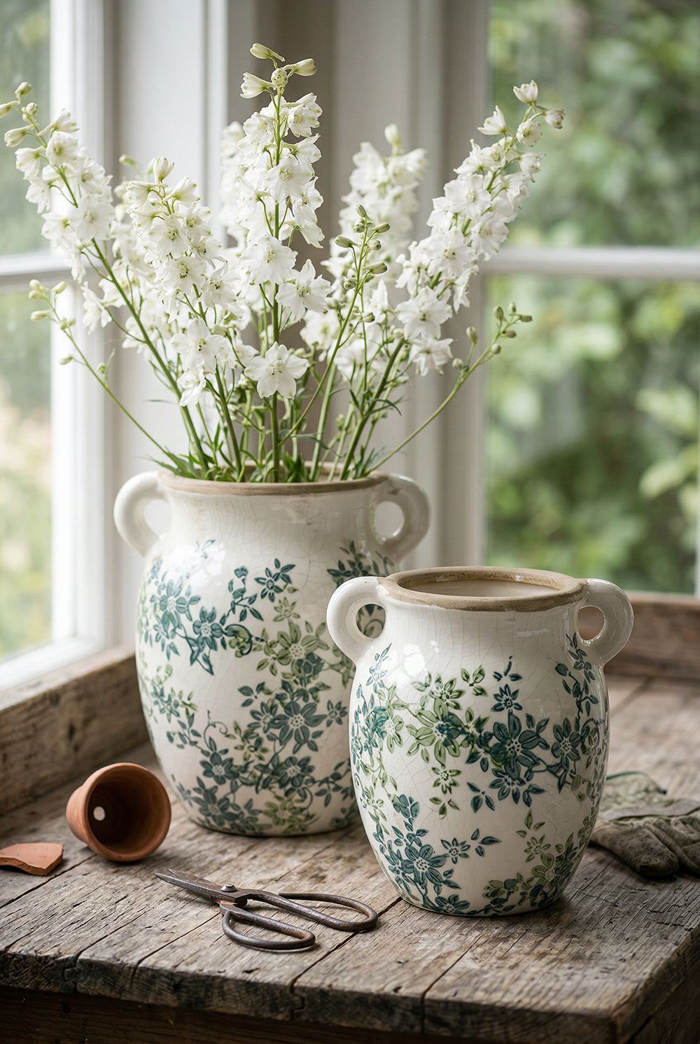 Floral Twin-Handle Vase with Wildflower Design - Ivory