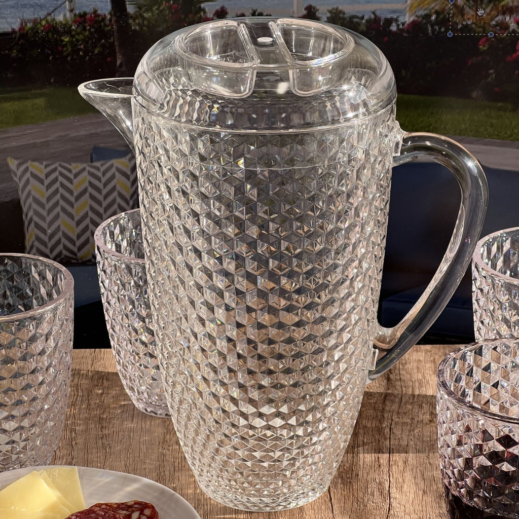 Diamond Cut Unbreakable Plastic Water Pitcher with Lid - Clear Acrylic