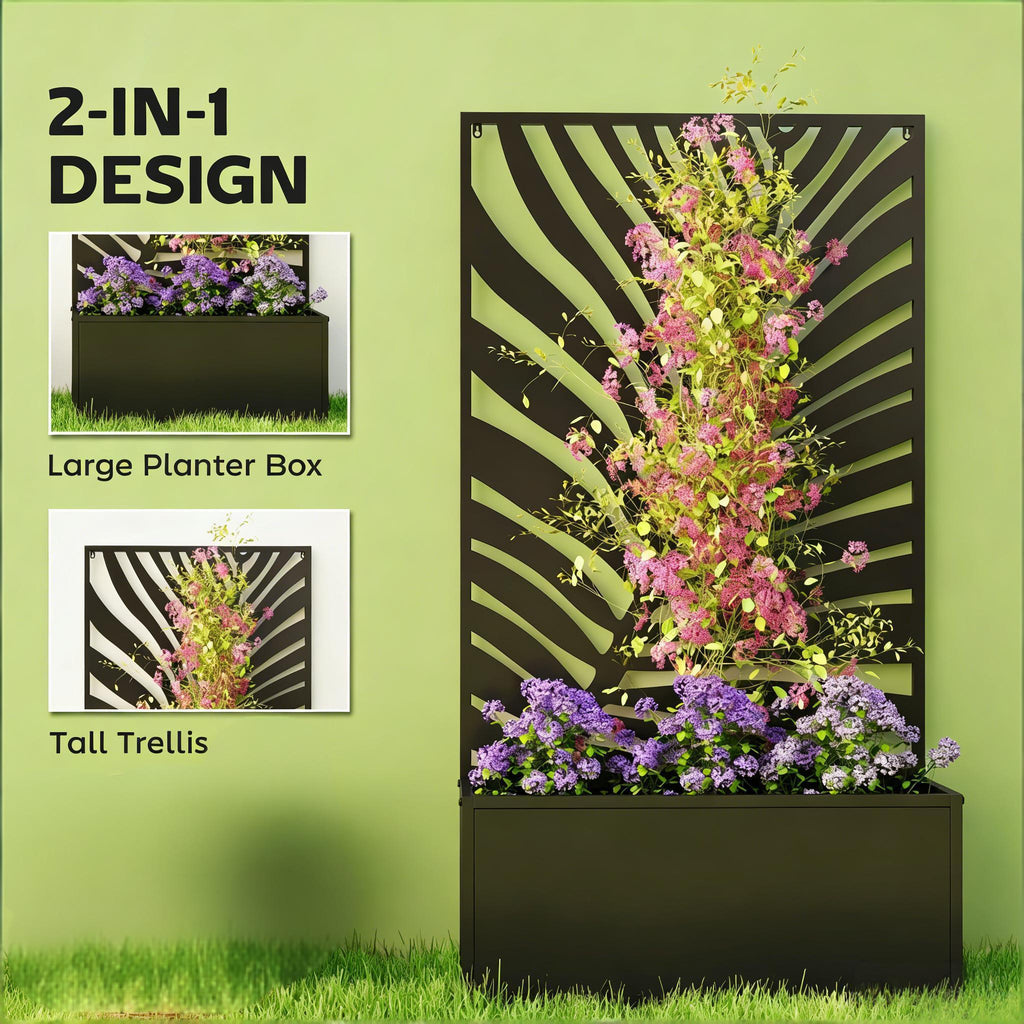 Raised Metal Planter Bed with Decorative Privacy Panel - Freestanding or Wall Mounted