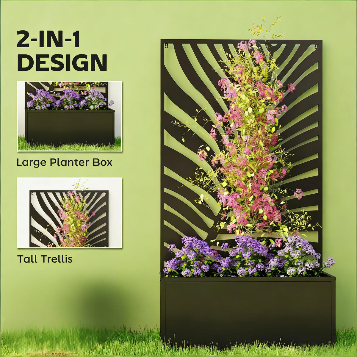Raised Metal Planter Bed with Decorative Privacy Panel - Freestanding or Wall Mounted