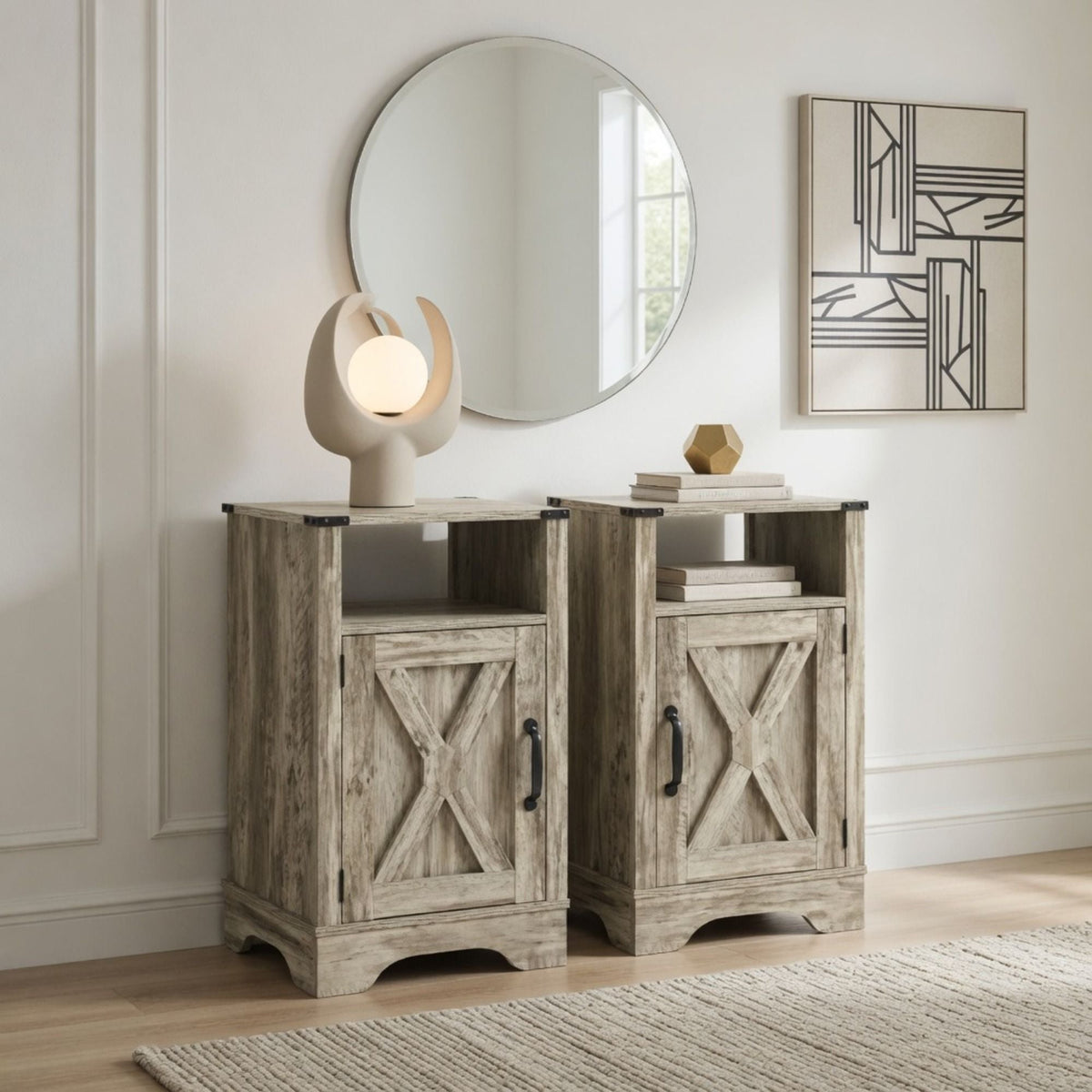 Farmhouse Nightstand with Charging Station & Storage - Multiple Colors