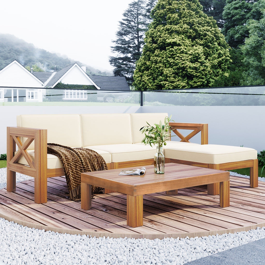 Acacia Wood Outdoor Sectional Sofa Set with Water-Resistant Cushions - Beige