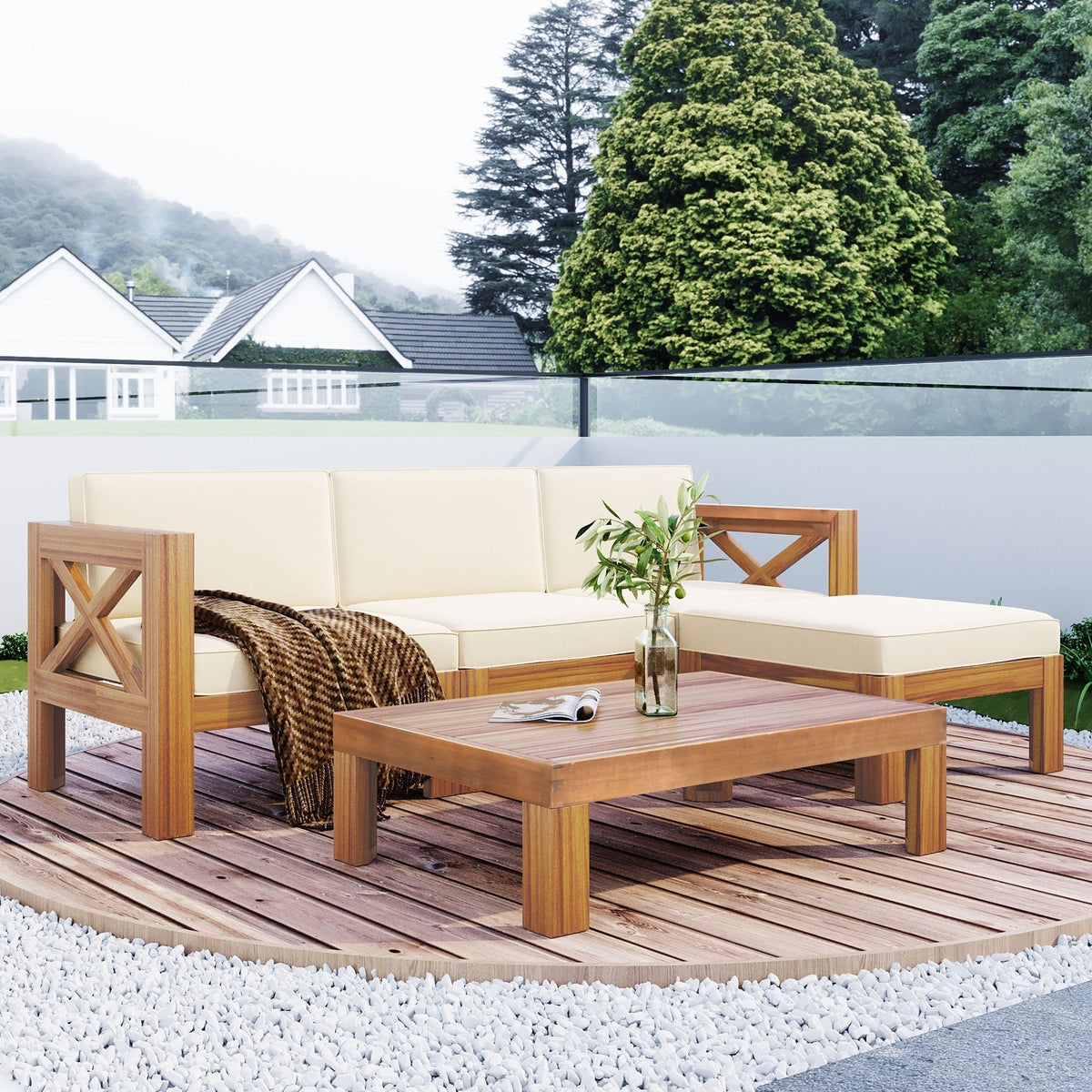 Acacia Wood Outdoor Sectional Sofa Set with Water-Resistant Cushions - Beige