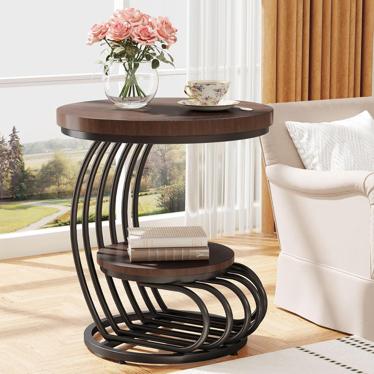 Round Vintage End Table with 2 Tier Storage - Dark Brown, Light Brown, White