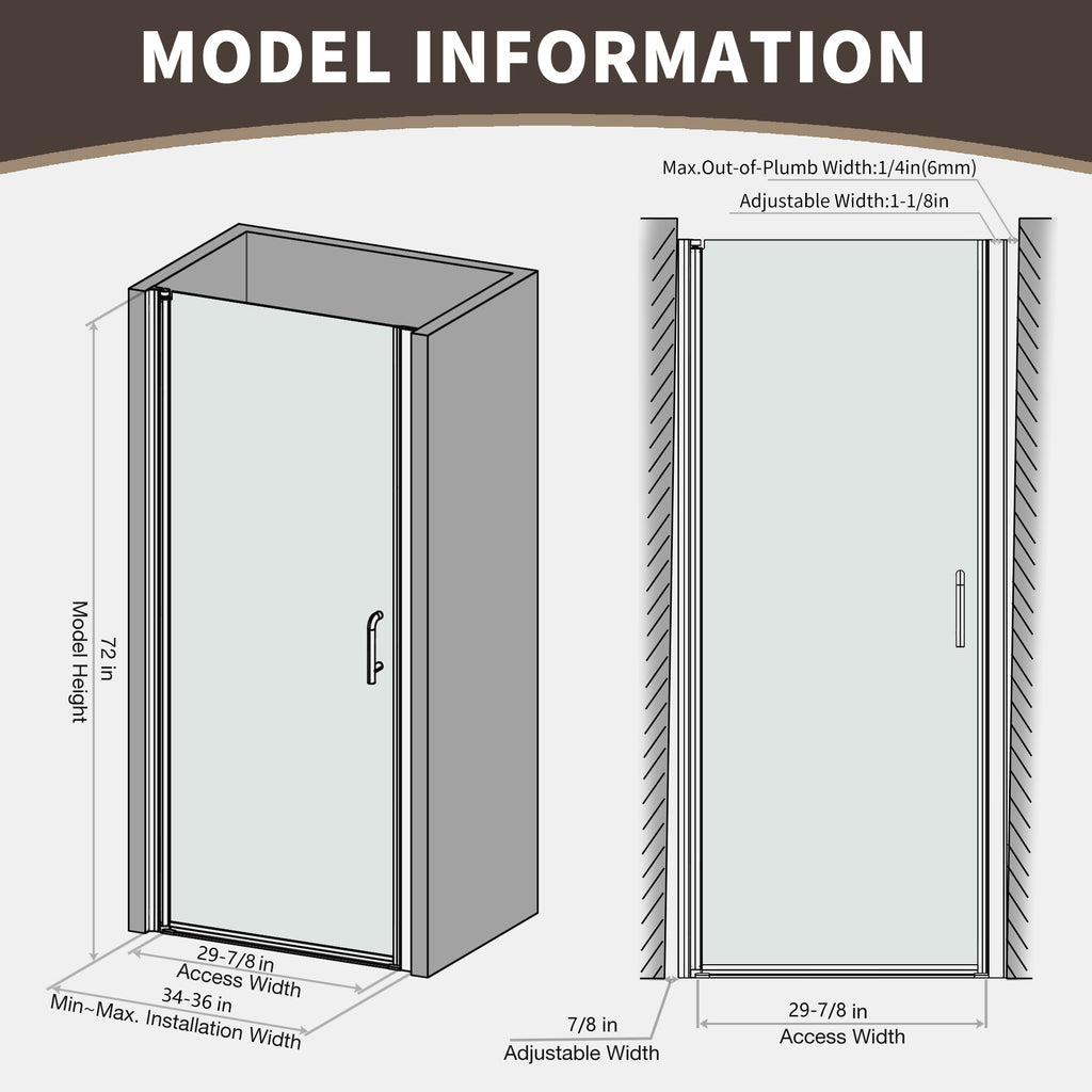 34 to 36 Inch Semi-Frameless Pivot Shower Door with Adjustable Reversible Design - Silver